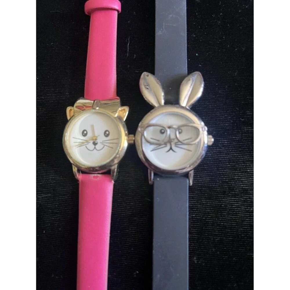 Lot 2 Cute Animal Face Watches Cat Bunny New Battery